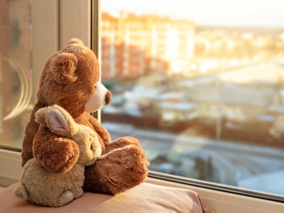 The picture shows a brown teddy bear sitting on a cushion by a window and looking out of the window with a brown teddy bunny in his arms. Several rows of houses can be recognised blurred in the window. 