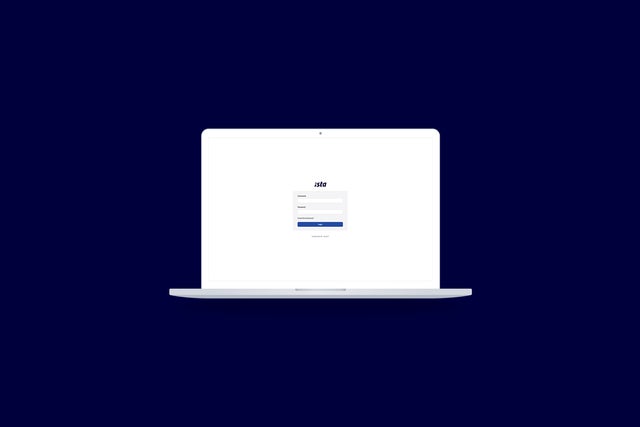 The background is coloured in dark blue and on the right side is an open laptop that shows the regristation page  of the MinuteView from ista.