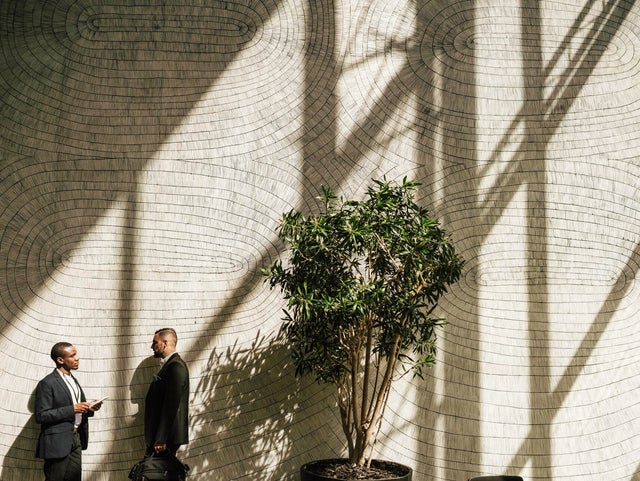 In the picture, a high stone wall can be seen in the background. The stones are quite small and have been arranged four times, two next to each other and two below each other, in such a way that they have formed several ovals. In front of this wall in the centre of the picture is a small tree in a dark pot. To the left of the tree are two men in dark suits talking about istas heat-contracting. The jacket of the man on the left is open, revealing his white T-shirt, and he is holding a document in his hands in front of his upper body. The man on the right, standing with his back to the plant, is carrying a black cloth bag in his left hand.