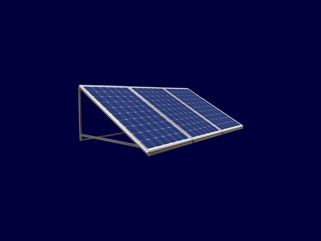 The background is coloured in dark blue and on the right side are three solar panels depicted.