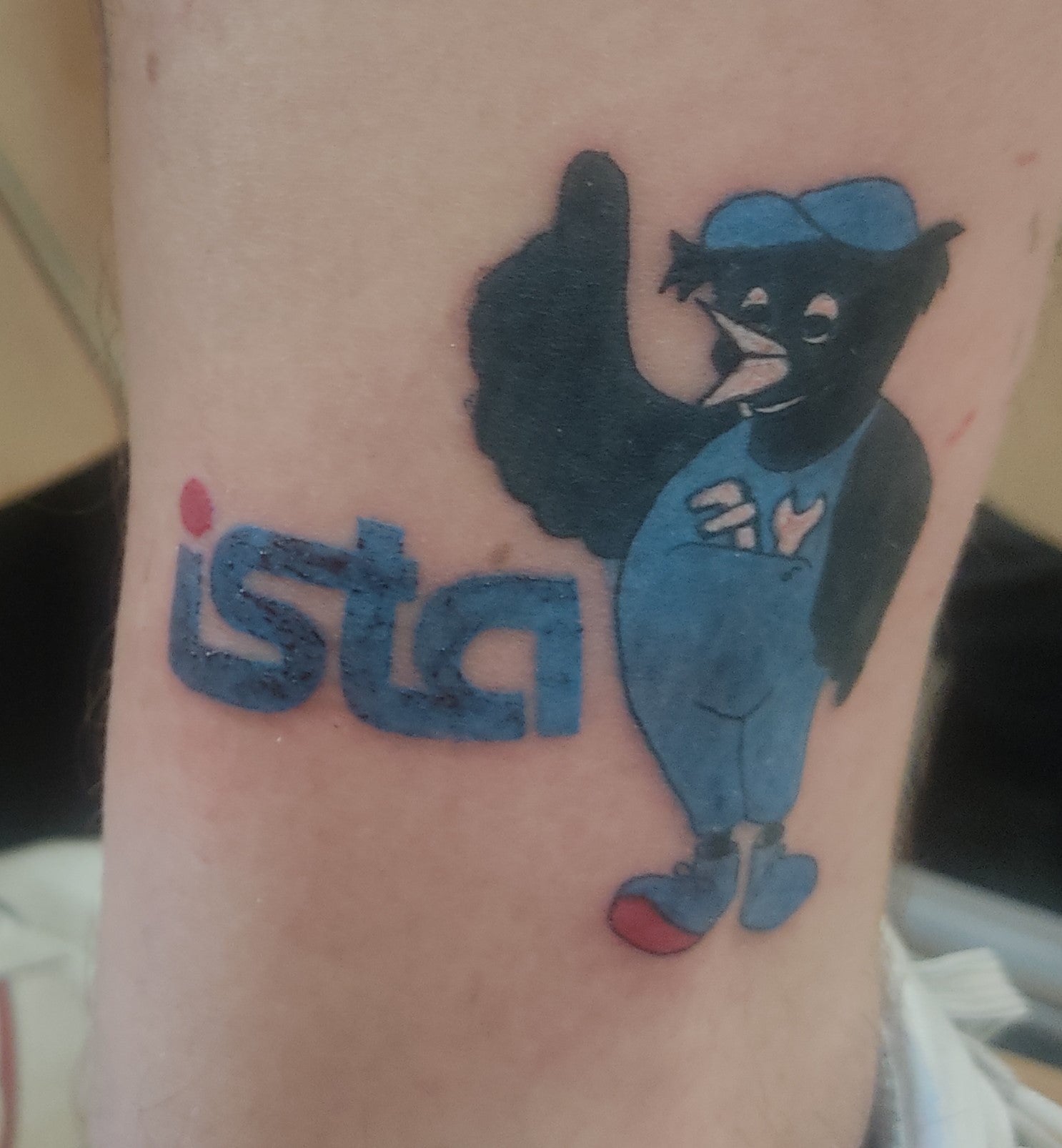 In den weiteren Bildern sieht man ein ista Tattoo, auf dem das alte ista Logo und eine als Handwerker verkleidete Drossel abgebildet sind. 
