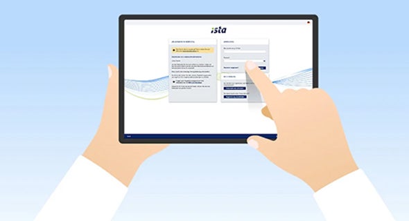 Auf der gezeichneten Grafik erkennt man den ista Webportal Zugang in einem iPad und zwei Hände.