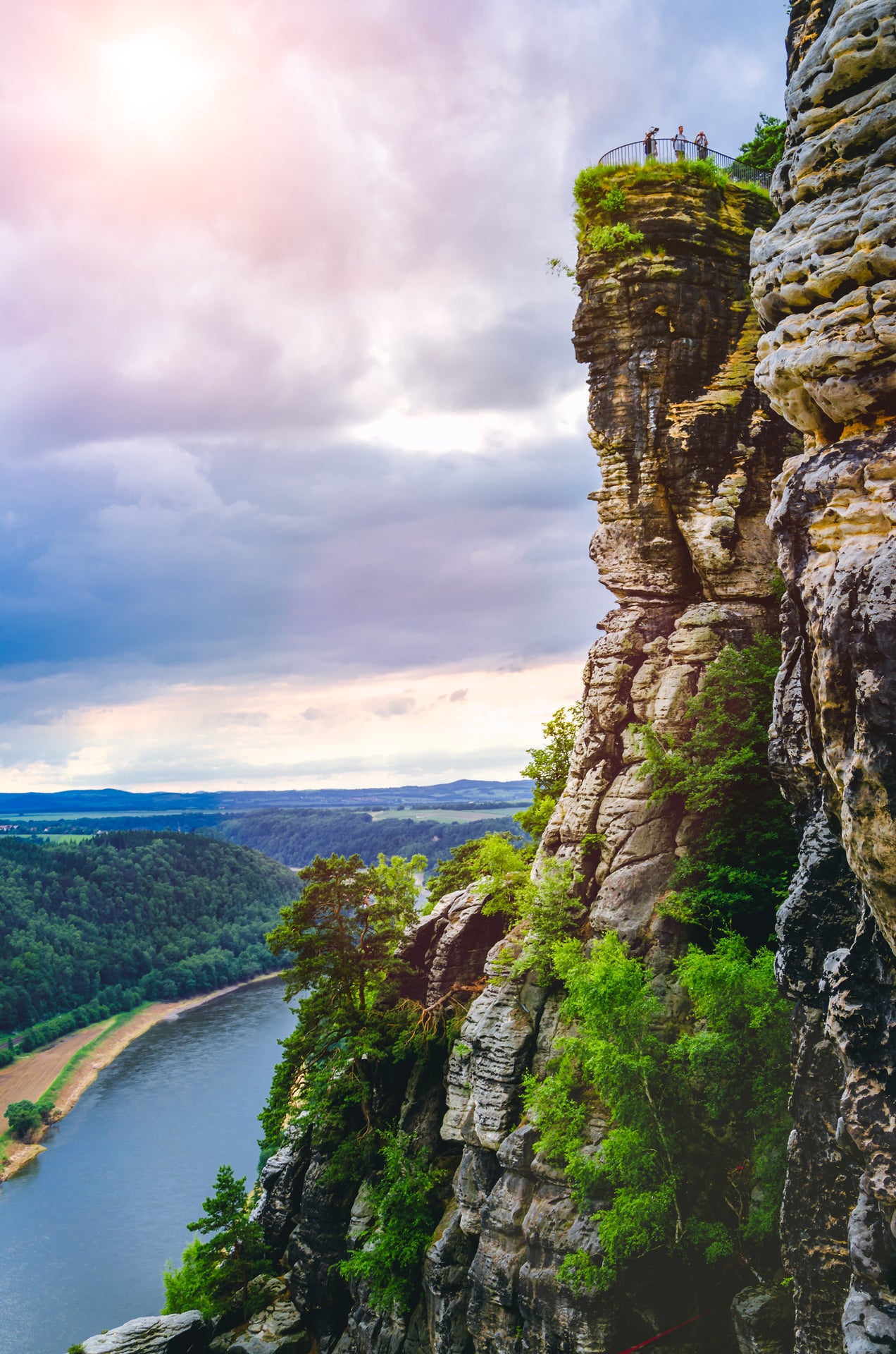 Viewpoint with some tourist on bastei rock formation in Saxon Switzerland National Park, Germany